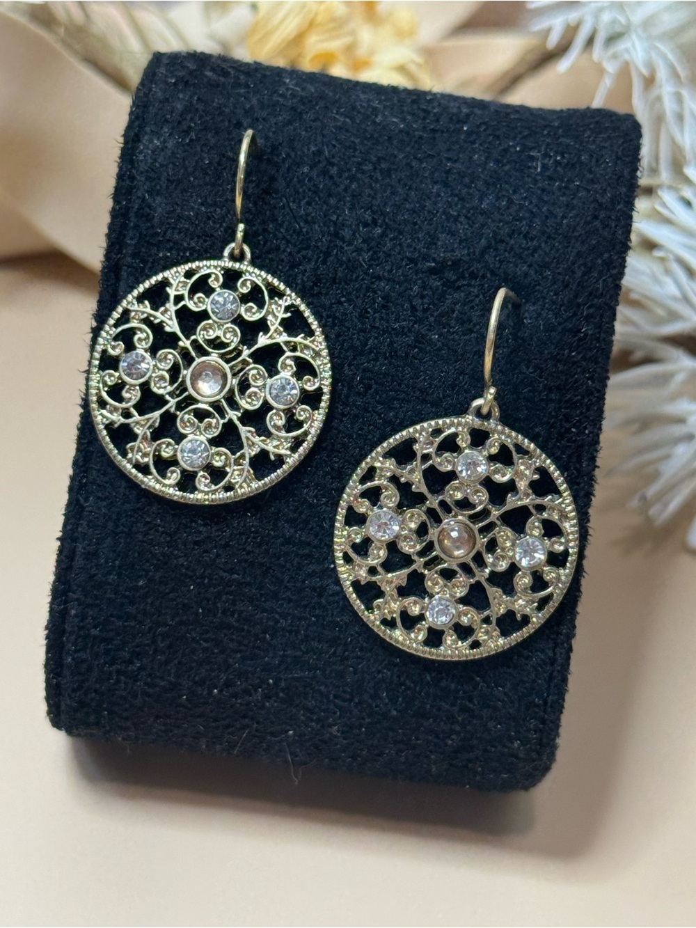 Gold Tone Filigree Rhinestone Round Dangle Earrings Ornate Scroll Design